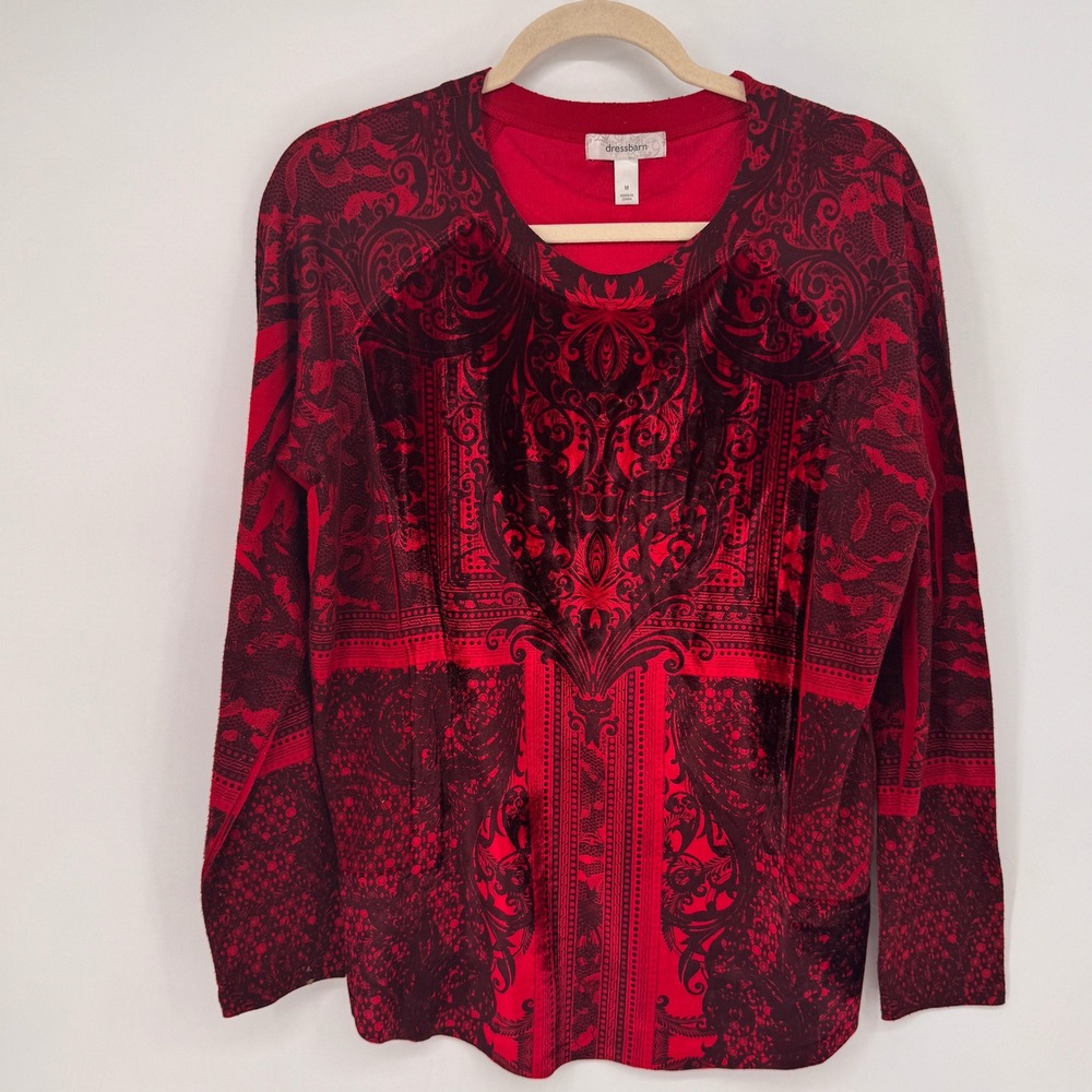 Dressbarn Top Womens Medium Red Damask Paisley Velvet Burnout Gothic Dark Fairy